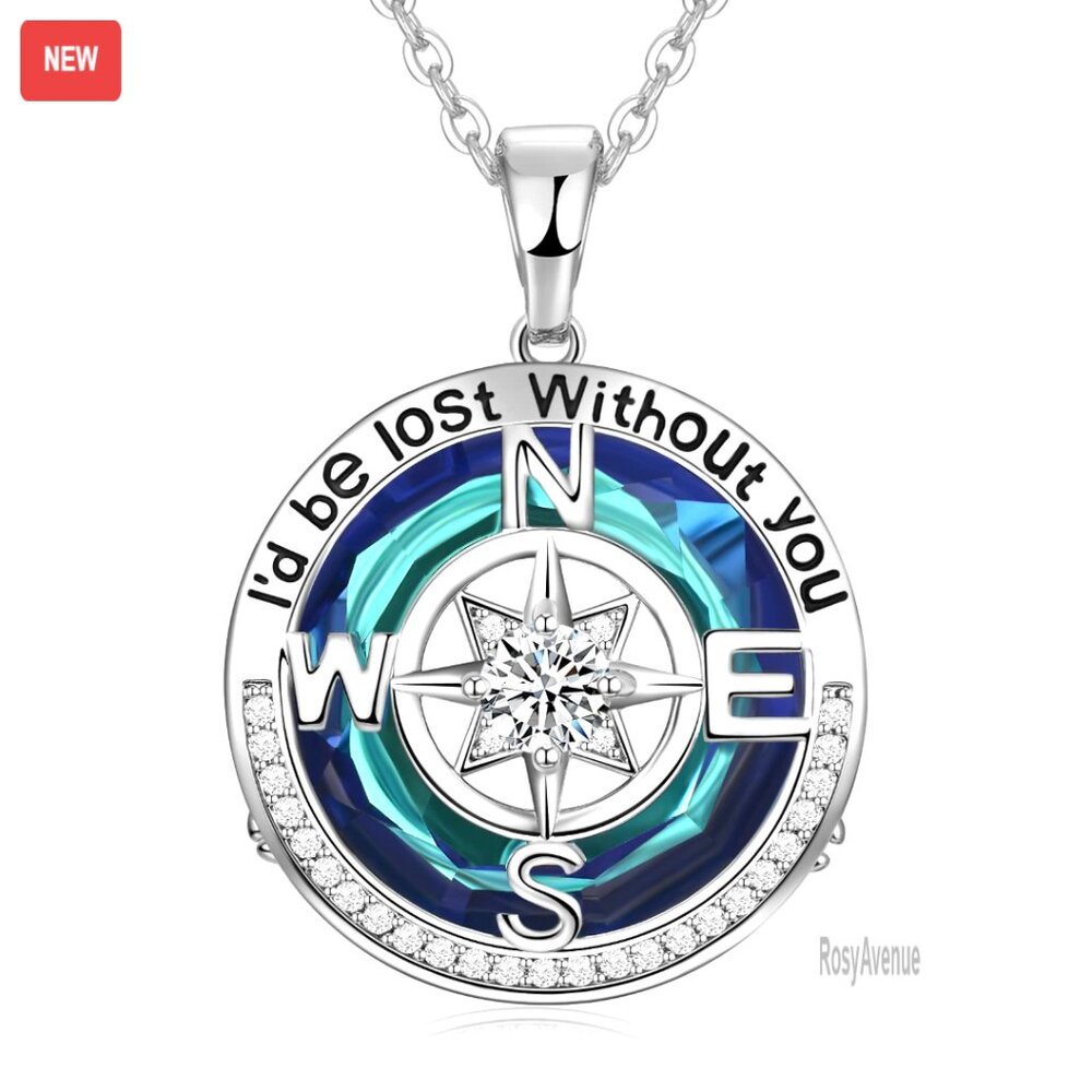 18k Gold Filled Compass Necklace, Sapphire Pendant, 925 Sterling Silver, 19"